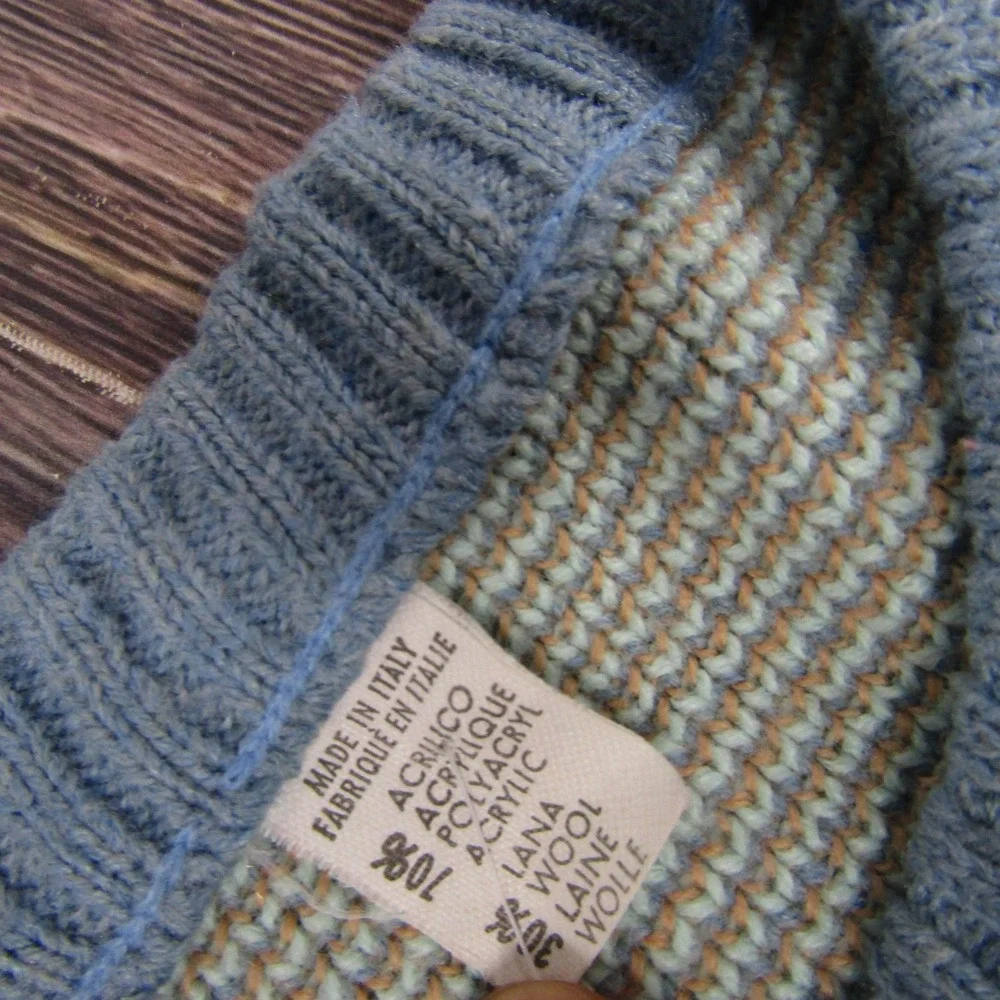 Vintage Geometric Sweater Mens Large‎ Blue Brown Wool Acrylic Crewneck Italy 80s